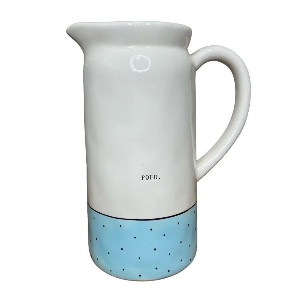 Rae Dunn Artisan Collection Pour Pitcher Blue Polka Dot Tall with Handle
